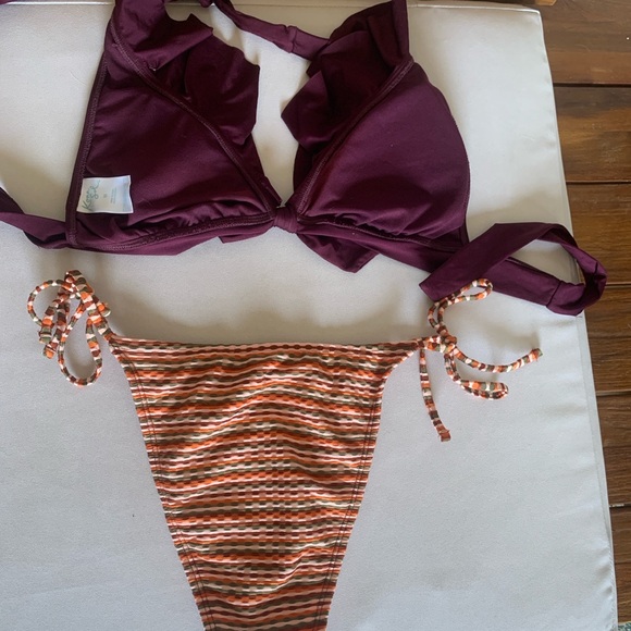 NWOT Wine colored bikini top Medium & small striped tanga bottom! - Picture 2 of 3